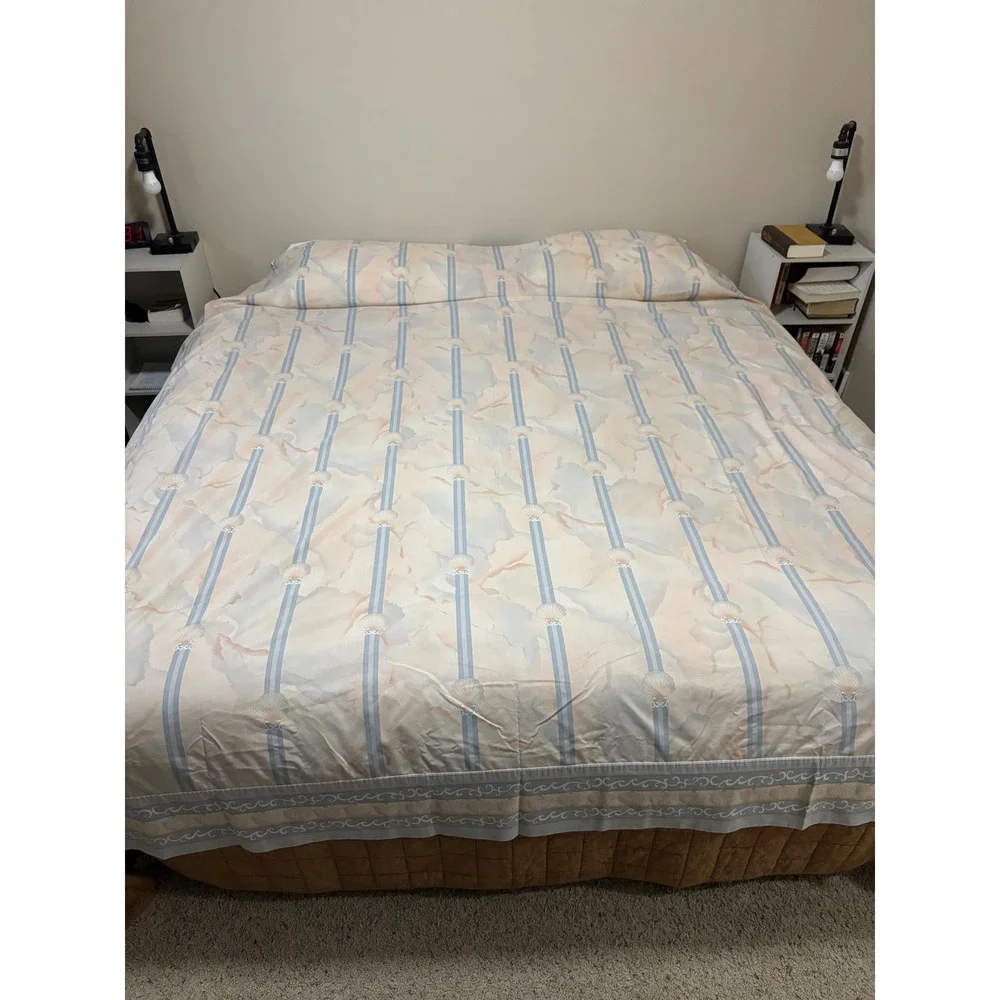 Vintage Coastal Shell Striped Flat Sheet Pastel Peach Blue 90x100 Queen 80s 90s‎